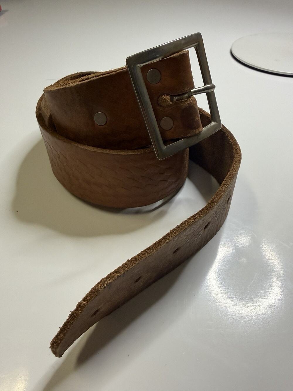 Brown Leather Belt Unisex 43 In Basketweave Tooled Western Cowboy Wide Buckle